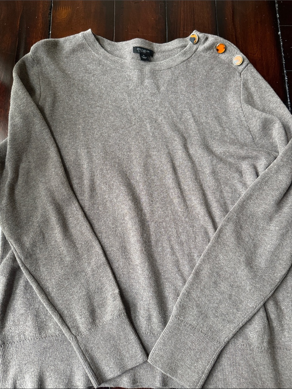 Ann Taylor Gray Button-Shoulder Crewneck Sweater